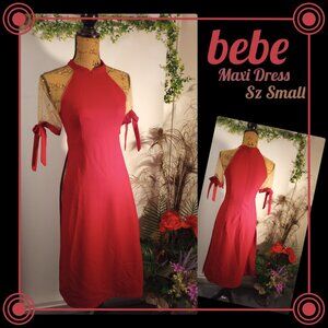 bebe Maxi Red Dress with Sheer, Pearl Sleeves Size Small